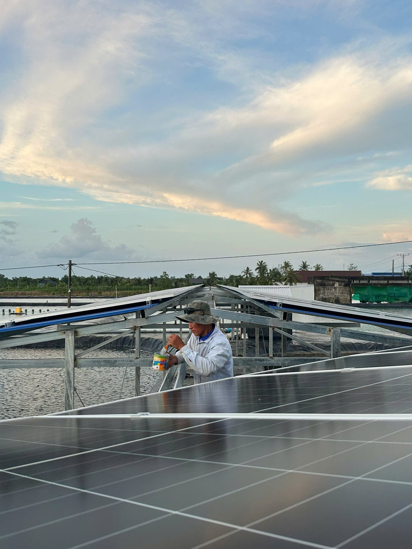 Kỹ thuật viên lắp đặt mái che Solar4Shrimp tại Tám Thượng, Cà Mau